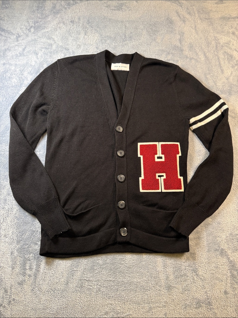Men's Black Cardigan with Red Letter Patch